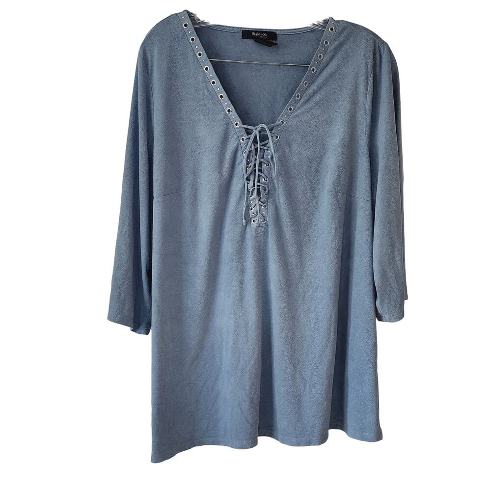 STYLE & Co. Women's Blue Faux Suede Lace up Shirt Plus Size 1X